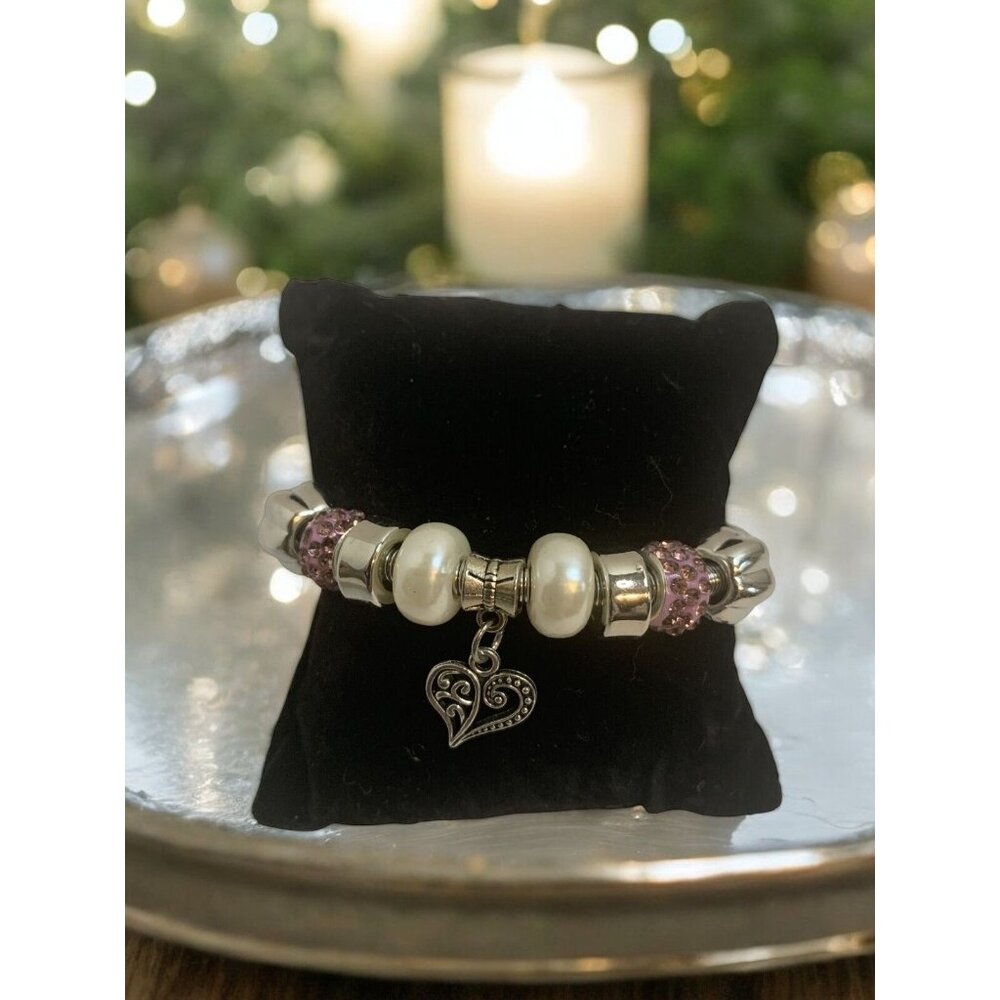 Silver Tone Charm Bracelet Heart Pendant Pink rhinestone Faux Pearl Beads Gift